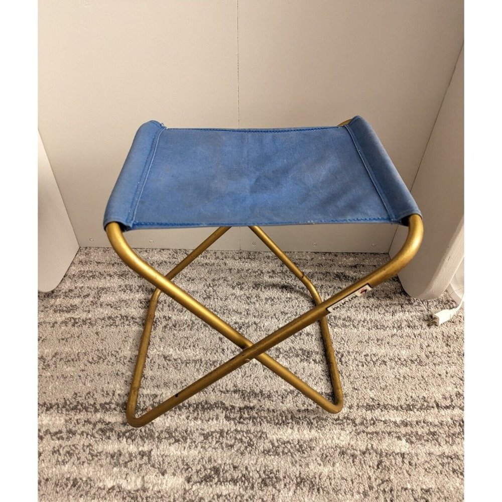Lafuma Folding Stool Vintage Brass Blue Camping Beach Sports Compact Portable - Picture 3 of 7